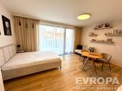 Pronájem bytu 1+kk 67m2 z toho byt 32 m2, předzahrádka 35m2 s terasou, sklepní kóje 3m2, garážové pa, cena 21000 CZK / objekt / měsíc, nabízí EVROPA realitní kancelář